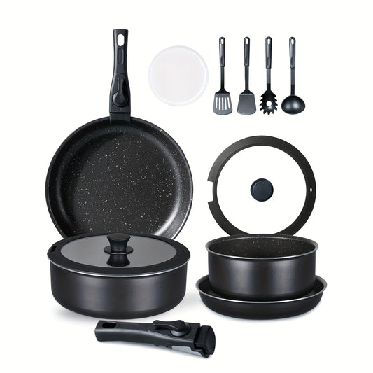 13pcs Kitchen Pots and Pans Set Nonstick, Cookware Sets with Detachable Handles, Healthy Kitchen Cooking Sets, Dishwasher Safe, Oven Safe, with Frying Pans & Saucepans, Non-Toxic Stackable RV Cookware Set, PFOA Free Black