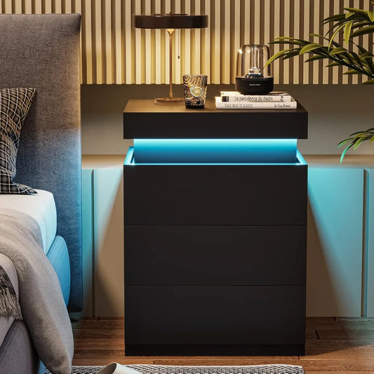 Nightstand with Charging Station and LED Lights,Night Stand with Sliding Top,Bedside Table with Drawers,Modern End Side Table