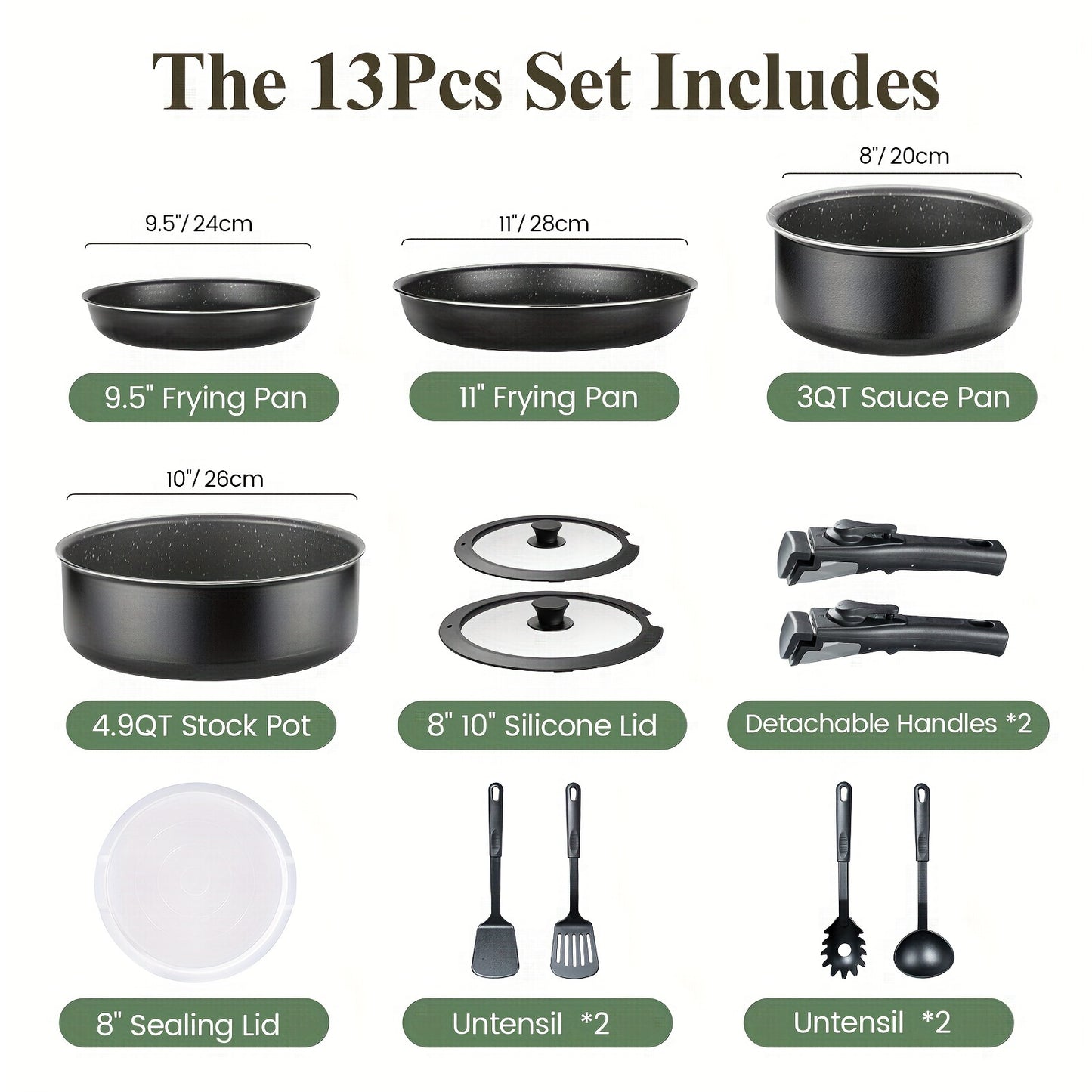 13pcs Kitchen Pots and Pans Set Nonstick, Cookware Sets with Detachable Handles, Healthy Kitchen Cooking Sets, Dishwasher Safe, Oven Safe, with Frying Pans & Saucepans, Non-Toxic Stackable RV Cookware Set, PFOA Free Black